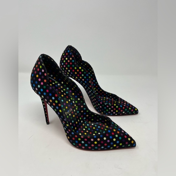 Christian Louboutin Hot Chick Black Suede Multicolor Polka Dot Heel Pump 37.5 EU - Picture 2 of 7
